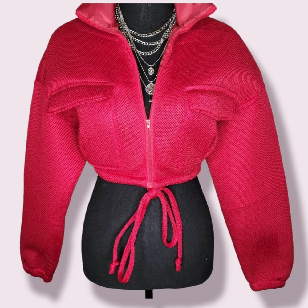 CLEARANCE! Mesh Crop Puffer Jacket with Drawstring